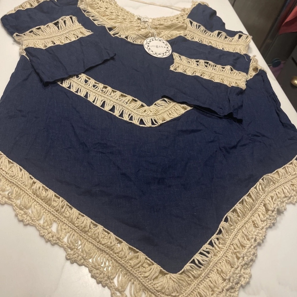 Navy and Cream Women's Top